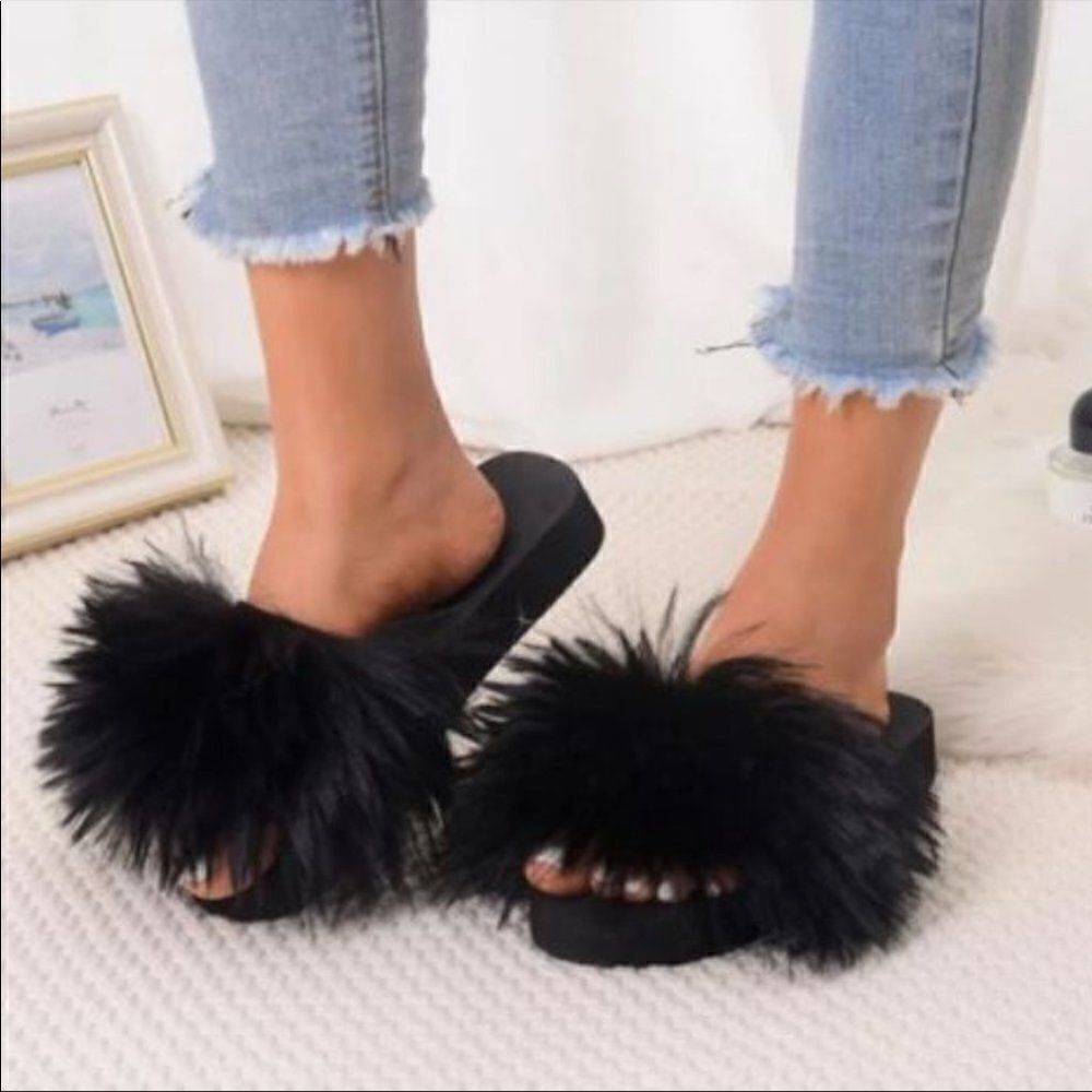 Black Faux Fur Slides 